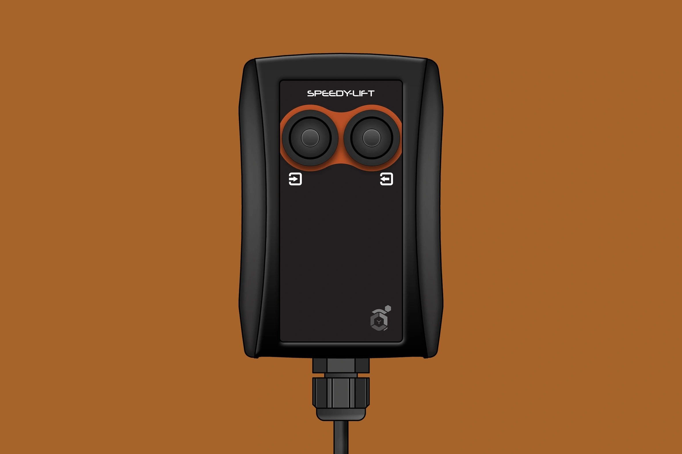 A two-button SPEEDY-LIFT hand pendant. In/Out buttons on the face and a wire is connected to the bottom.